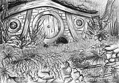 Watercolor monochrome black and white hobbit's home Stock Photo