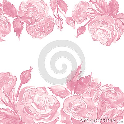 Watercolor monochrome pink white rose peony flower floral composition frame border template sample background Stock Photo