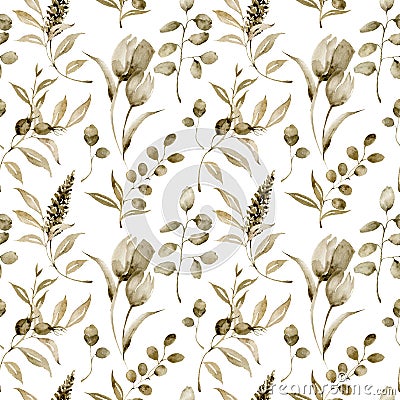 Watercolor monochrome tulip big seamless pattern. Hand painted sepia flowers and berries with eucalyptus leaves and Stock Photo