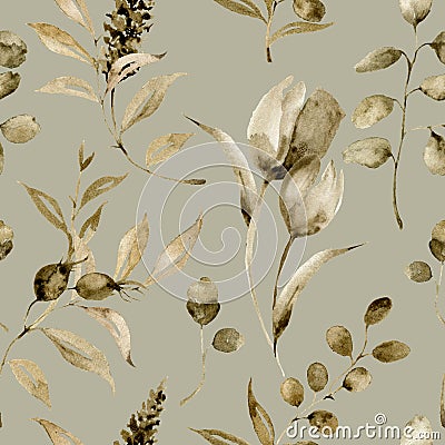 Watercolor monochrome tulip seamless pattern. Hand painted sepia flowers and berries with eucalyptus leaves and branch Stock Photo