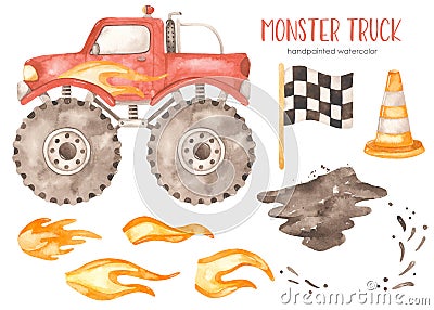 Watercolor monster truck with lightning, mud, SUV, truck, road chip, flag Stock Photo