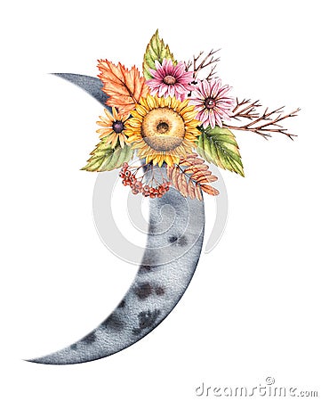 Watercolor moon with autumn bouquets isolated Stock Photo
