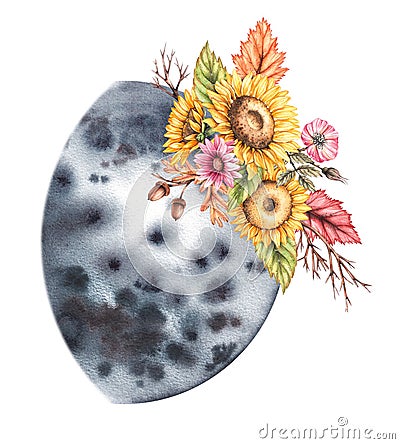 Watercolor moon with autumn bouquets isolated Stock Photo
