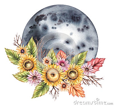 Watercolor moon with autumn bouquets isolated Stock Photo