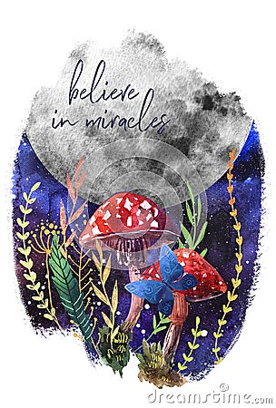 Watercolor moon, mushrooms and flowers on dark background. Hand painted watercolor beautiful illustration. Cartoon Illustration