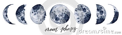 Watercolor moon phases. Hand painted various phases isolated on white background. Hand drawn modern space design for Stock Photo