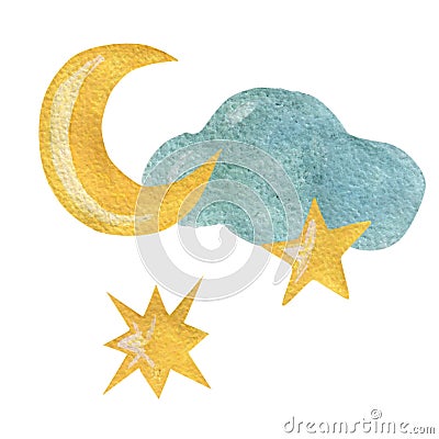 Watercolor moon, star and cloud isolated on the white background Stock Photo