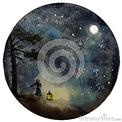 Watercolor Moon at starry night, galaxy with stars, space and astrology universe illustration. Cartoon Illustration