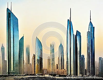 Watercolor of Morning view of King Abdullah Financial Stock Photo