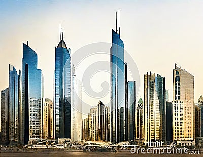 Watercolor of Morning view of King Abdullah Financial Stock Photo