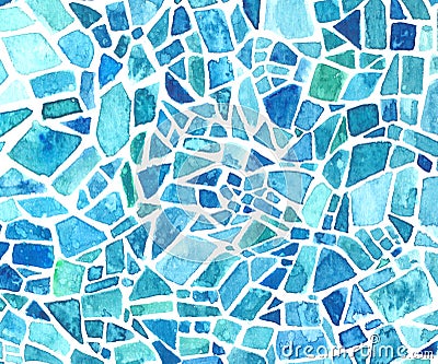 Watercolor mosaic texture. Blue kaleidoscope background. Painted geometric pattern. Stock Photo