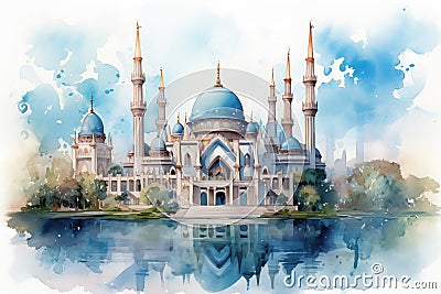 Watercolor mosque by Generative AI Stock Photo