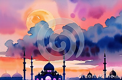 Watercolor Mosque for Ramadan Kareem Eid Greetings for Muslim Festival of fasting. Generative AI Stock Photo