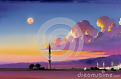 Watercolor Mosque for Ramadan Kareem Eid Greetings for Muslim Festival of fasting. Generative AI Stock Photo