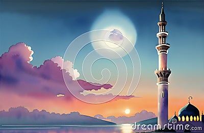 Watercolor Mosque for Ramadan Kareem Eid Greetings for Muslim Festival of fasting. Generative AI Stock Photo