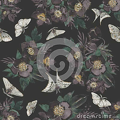 Watercolor moths with dark flowers, seamless pattern Stock Photo