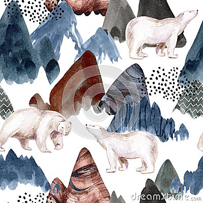 Watercolor mountain art background. Abstract landscape seamless pattern Cartoon Illustration