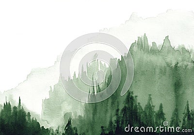 Watercolor mountain landscape in the fog abstract background Stock Photo