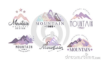 Watercolor Mountain Original Logo Design with Purple Peak and Ridge Vector Set Vector Illustration
