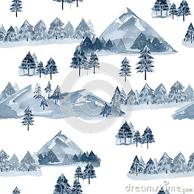 Watercolor mountaine landcape seamless pattern with forest tree. Deep blue color for textile fabric Stock Photo