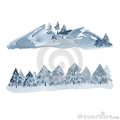 Watercolor mountaine landscape scene, deep blue forest tree. Christmas woodland. Winter travel illustration for logo Cartoon Illustration