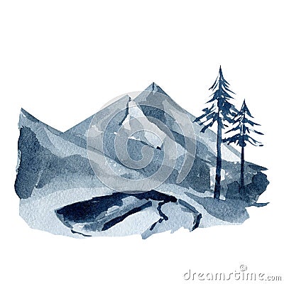 Watercolor mountaine landscape scene, forest tree, frozen lake. Christmas woodland. Winter travel illustration for logo Cartoon Illustration