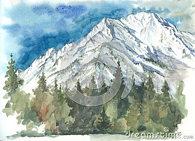 Watercolor of the mountains and forests of the eastern Sayan Stock Photo