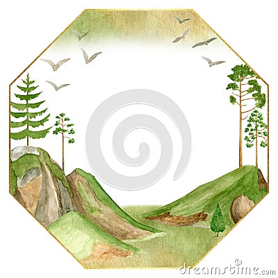 Watercolor mountains frame. Hand drawn hexagon template, green mountain summits and pine trees isolated on white Cartoon Illustration