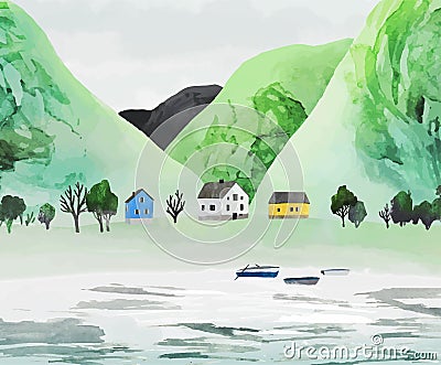 Watercolor mountains on the river bank. Vector landscape with norwegian houses, trees, fishing boats and mountains Vector Illustration