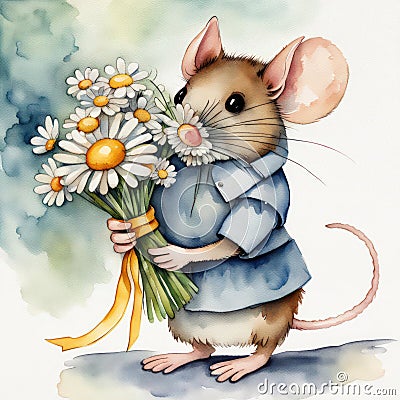 Watercolor Mouse With Daisy Bouquet Stock Photo