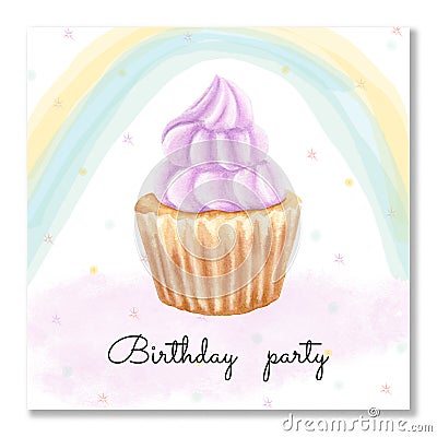 Watercolor muffin with cream in a tartlet. Birthday card with congratulations. Postcard with a pastel rainbow. Stock Photo