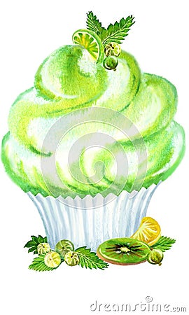 Watercolor muffin lime A Cartoon Illustration