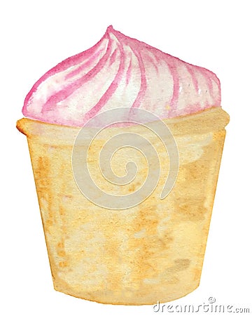 Watercolor muffin with pink cream. raster illustration for menu design Cartoon Illustration