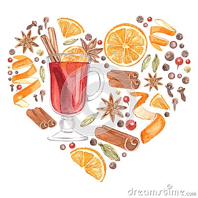 Watercolor mulled wine heart Cartoon Illustration