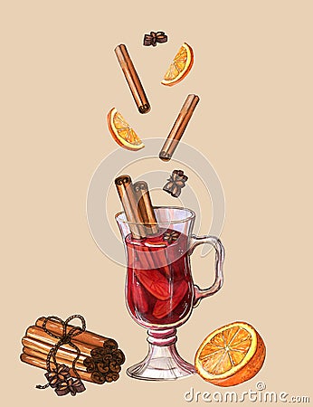 Watercolor mulled wine mug poster with cinnamon Cartoon Illustration