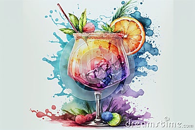 Watercolor multi-colored cocktail decorated with fruits, berries and leaves against the background of watercolor streaks. Stock Photo