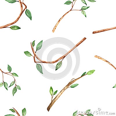 Watercolor multi directional seamless pattern with branches and leaves on a white background Stock Photo