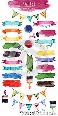 Watercolor multicolored collection with ribbons,brush stroke,shapes,floral elements Stock Photo