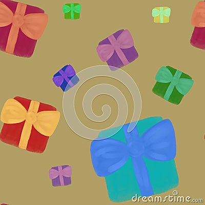 Watercolor multicolored gift boxes with golden bows on brown background. Christmas seamless pattern. Birthday, anniversary, festiv Stock Photo