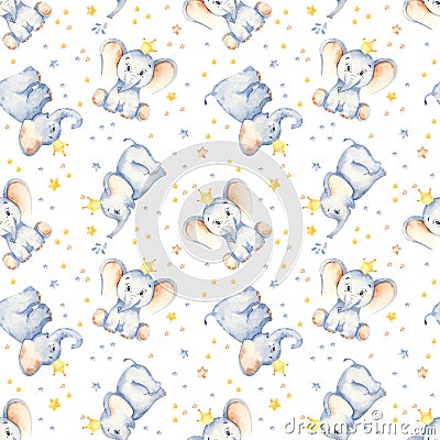 Watercolor multidirectional seamless pattern with cute baby elephants crown and stars Stock Photo