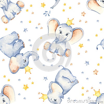 Watercolor multidirectional seamless pattern with cute baby elephants crown and stars Stock Photo