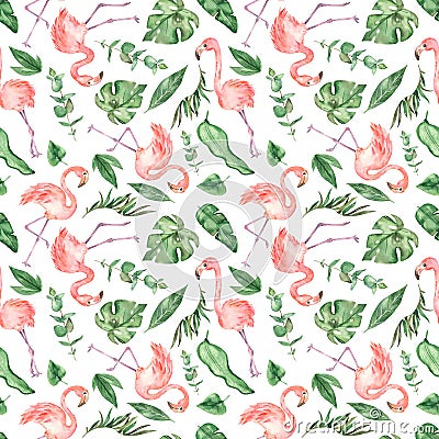 Watercolor multidirectional seamless pattern with flamingos and tropical leaves Stock Photo