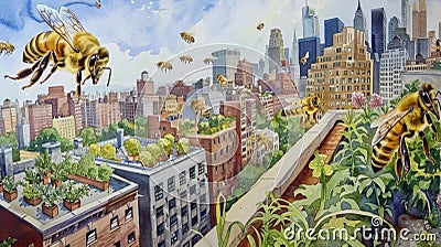 A watercolor mural illustrates bees buzzing through urban rooftop gardens, merging city life with nature's Stock Photo