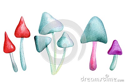 watercolor mushrooms set, fly agaric on a white background, bright drawing. Hippie retro 70-60s design elements Cartoon Illustration