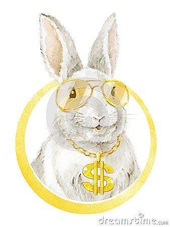 Cool Funny Music Bunny. Yellow sunglasses Stock Photo