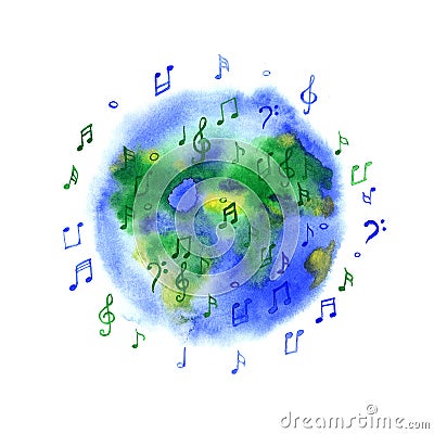 Watercolor music planet Earth Stock Photo