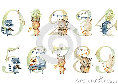 Watercolor animals numbers. Stock Photo