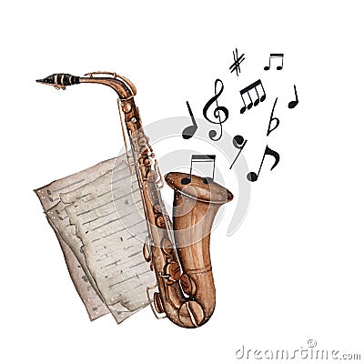 Watercolor musical instrument saxophone illistration isolated on white background Stock Photo