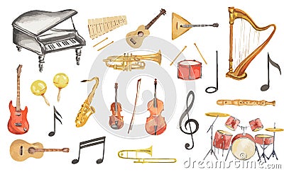 Watercolor musical instruments set. Vector Illustration