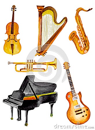 Watercolor musical instruments Stock Photo